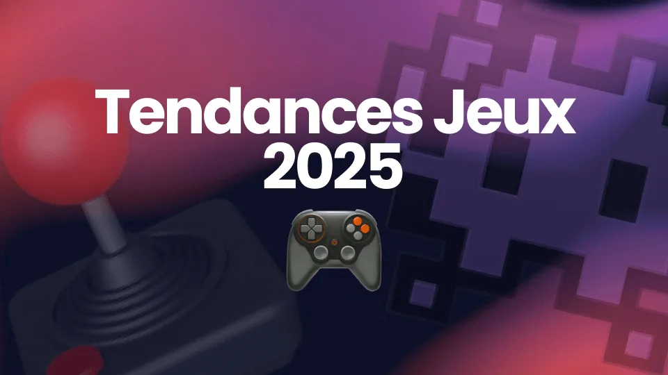 Emojis sur fond coloré sur le thème du gaming avec écrit tendances jeux 2025 en haut
